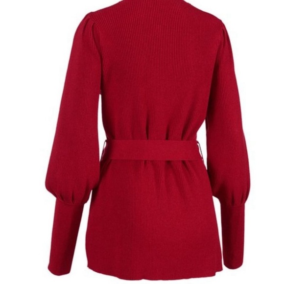 CAbi red puffed sleeve belted cardigan. Size MEDIUM - Picture 2 of 6